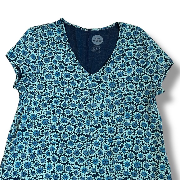 Life is Good Knit Dress Short Sleeve V Neck Pockets Blue Daisy Print Medium - Picture 3 of 8